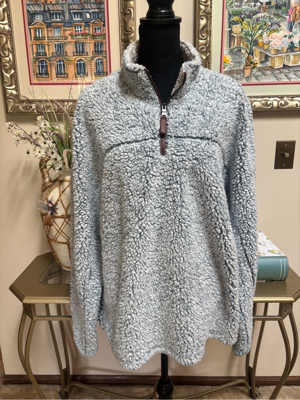 TRUE GRIT Light Gray Sherpa Fleece Half-Zip Mock Neck Pullover Sweater Size L
